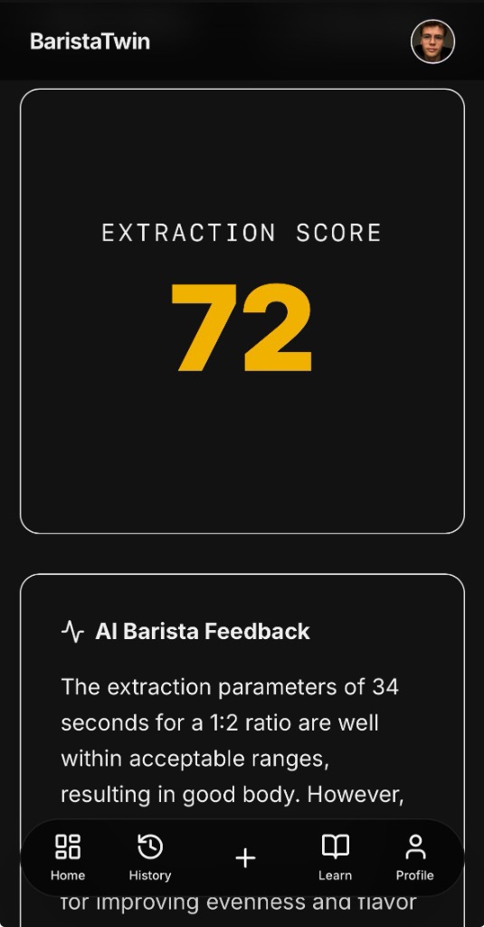 BaristaTwin extraction score screen with AI Barista feedback